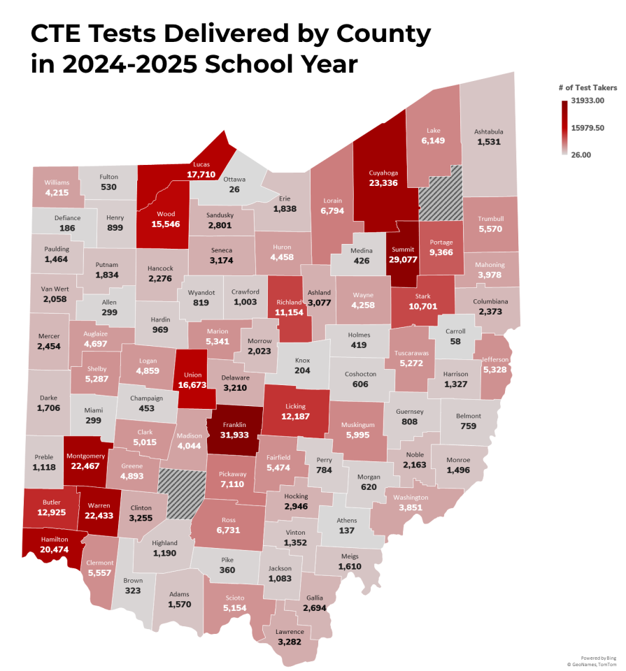 Career-technical Education Tests Delivered in Ohio by County in 2024-2025